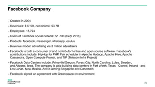 Facebook Company
– Created in 2004
– Revenues: $17.9B, net income: $3.7B
– Employees: 15,724
– Users of Facebook social network: $1.79B (Sept 2016)
– Products: facebook, messenger, whatsapp, oculus
– Revenue model: advertising via 3 million advertisers
– Facebook is both a consumer of and contributor to free and open source software. Facebook's
contributions include: HipHop for PHP, Fair scheduler in Apache Hadoop, Apache Hive, Apache
Cassandra, Open Compute Project, and TIP (Telecom Infra Project)
– Facebook Data Centers include: Prineville/Oregon, Forest City, North Carolina, Lulea, Sweden,
and Altoona, Iowa. The company is also building data centers in Fort Worth, Texas - Clonee, Ireland - and
Los Lunas, New Mexico. And is aiming Singapore and Danemark
– Facebook signed an agreement with Greenpeace on environment
29
 