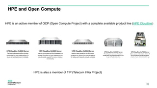 HPE and Open Compute
32
HPE is an active member of OCP (Open Compute Project) with a complete available product line (HPE Cloudline)
HPE is also a member of TIP (Telecom Infra Project)
 