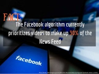 Fact
The Facebook algorithm currently
prioritizes videos to make up 30% of
the News Feed
http://www.altimetergroup.com/2015/02/why-marketers-cant-ignore-facebook-video-in-2015/
 