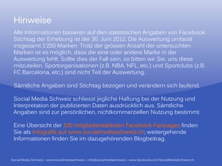 Hinweise
 Hi   i
 Alle Informationen basieren auf den statistischen Angaben von Facebook.
 Stichtag d Erhebung ist der 30. Juni 2012. Die Auswertung umfasst
   i h     der h b       i d            i        i                   f
 insgesamt 1‘250 Marken. Trotz der grossen Anzahl der untersuchten
 Marken ist es möglich, dass die eine oder andere Marke in der
                   g
 Auswertung fehlt. Sollte dies der Fall sein, so bitten wir Sie, uns diese
 mitzuteilen. Sportorganisationen (z.B. NBA, NFL, etc.) und Sportclubs (z.B.
 FC Barcelona, etc.) sind nicht Teil der Auswertung.

 Sämtliche Angaben sind Stichtag bezogen und verändern sich laufend.

 Social Media Schweiz schliesst jegliche Haftung bei der Nutzung und
 Interpretation der publizierten Daten ausdrücklich aus. Sämtliche
 Angaben sind zur persönlichen, nichtkommerziellen N t
 A     b     i d        ö li h      i htk       i ll Nutzung b ti
                                                               bestimmt.
                                                                      t

 Eine Übersicht der 100 mitgliederstärksten Facebook-Fanpages finden
 Sie als Infografik auf www.socialmediaschweiz.ch; weitergehende
 Informationen finden Sie im dazugehörenden Blogbeitrag.


Social Media Schweiz – www.socialmediaschweiz – info@socialmediaschweiz – www.facebook.com/SocialMediaSchweiz.ch
 