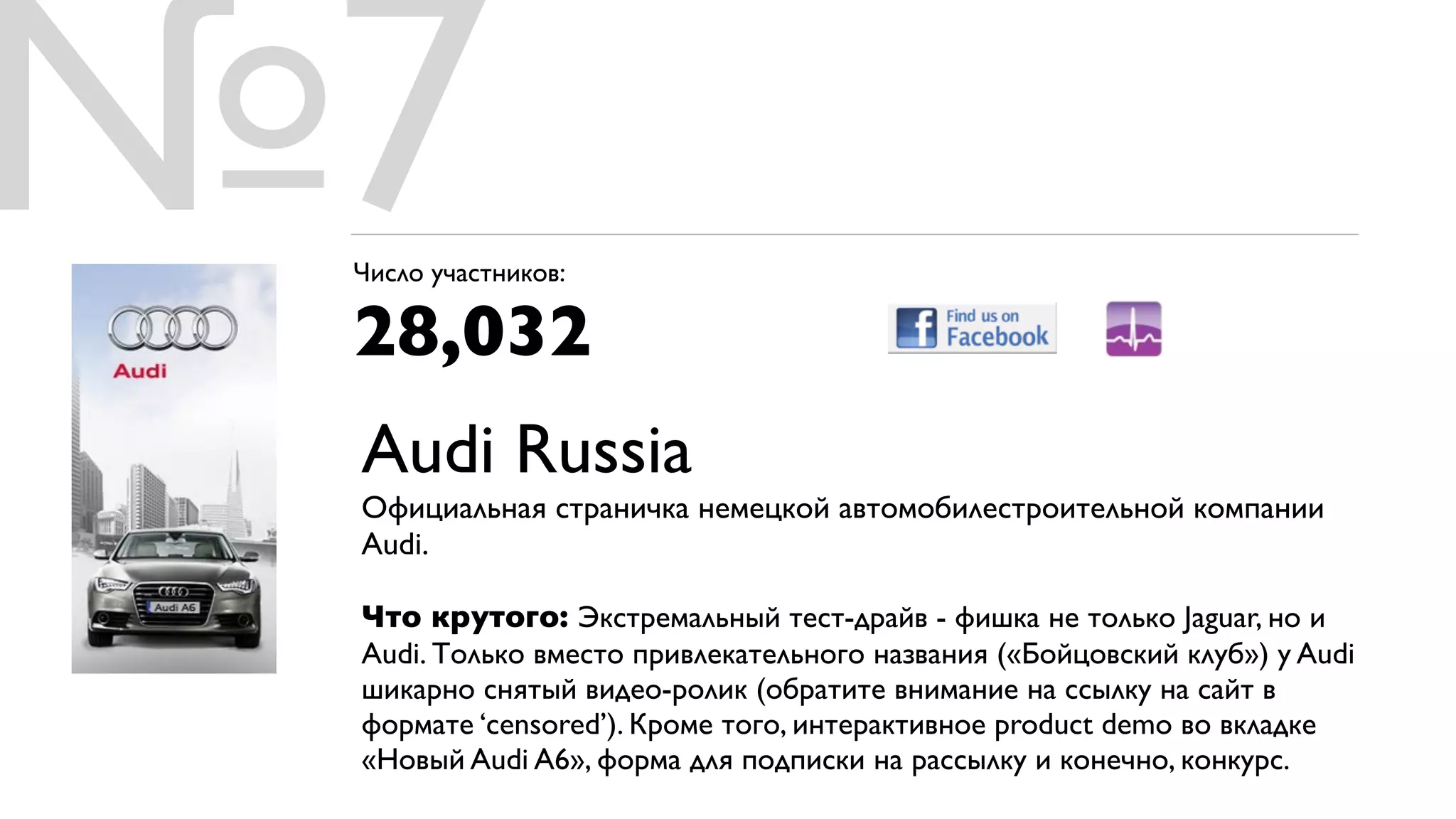 №7
 Число участников:

 28,032
 Audi Russia
 Официальная страничка немецкой автомобилестроительной компании
 Audi.

 Что крутого: Экстремальный тест-драйв - фишка не только Jaguar, но и
 Audi. Только вместо привлекательного названия («Бойцовский клуб») у Audi
 шикарно снятый видео-ролик (обратите внимание на ссылку на сайт в
 формате ‘censored’). Кроме того, интерактивное product demo во вкладке
 «Новый Audi A6», форма для подписки на рассылку и конечно, конкурс.
 
