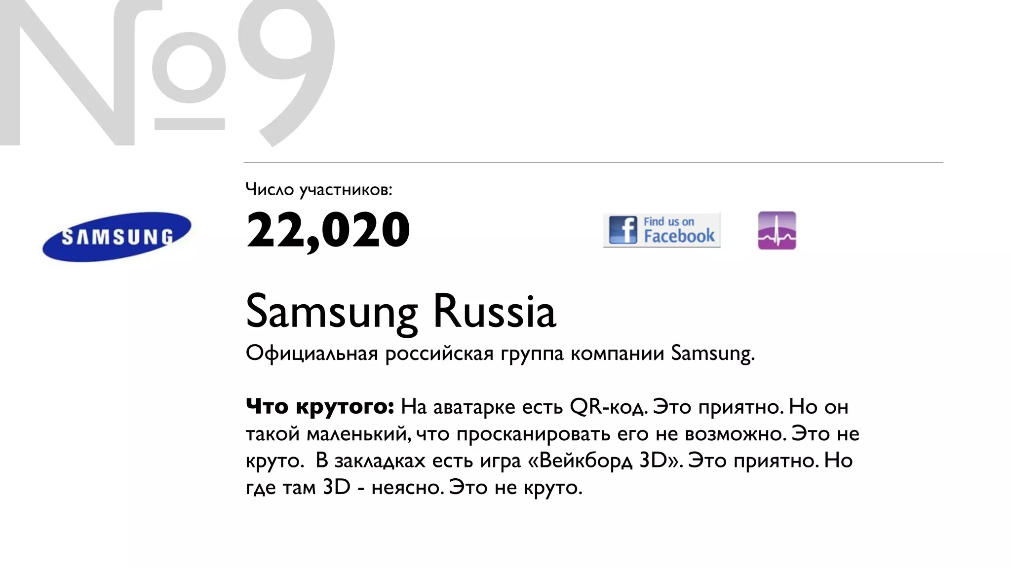№9
 Число участников:

 22,020
 Samsung Russia
 Официальная российская группа компании Samsung.

 Что крутого: На аватарке есть QR-код. Это приятно. Но он
 такой маленький, что просканировать его не возможно. Это не
 круто. В закладках есть игра «Вейкборд 3D». Это приятно. Но
 где там 3D - неясно. Это не круто.
 