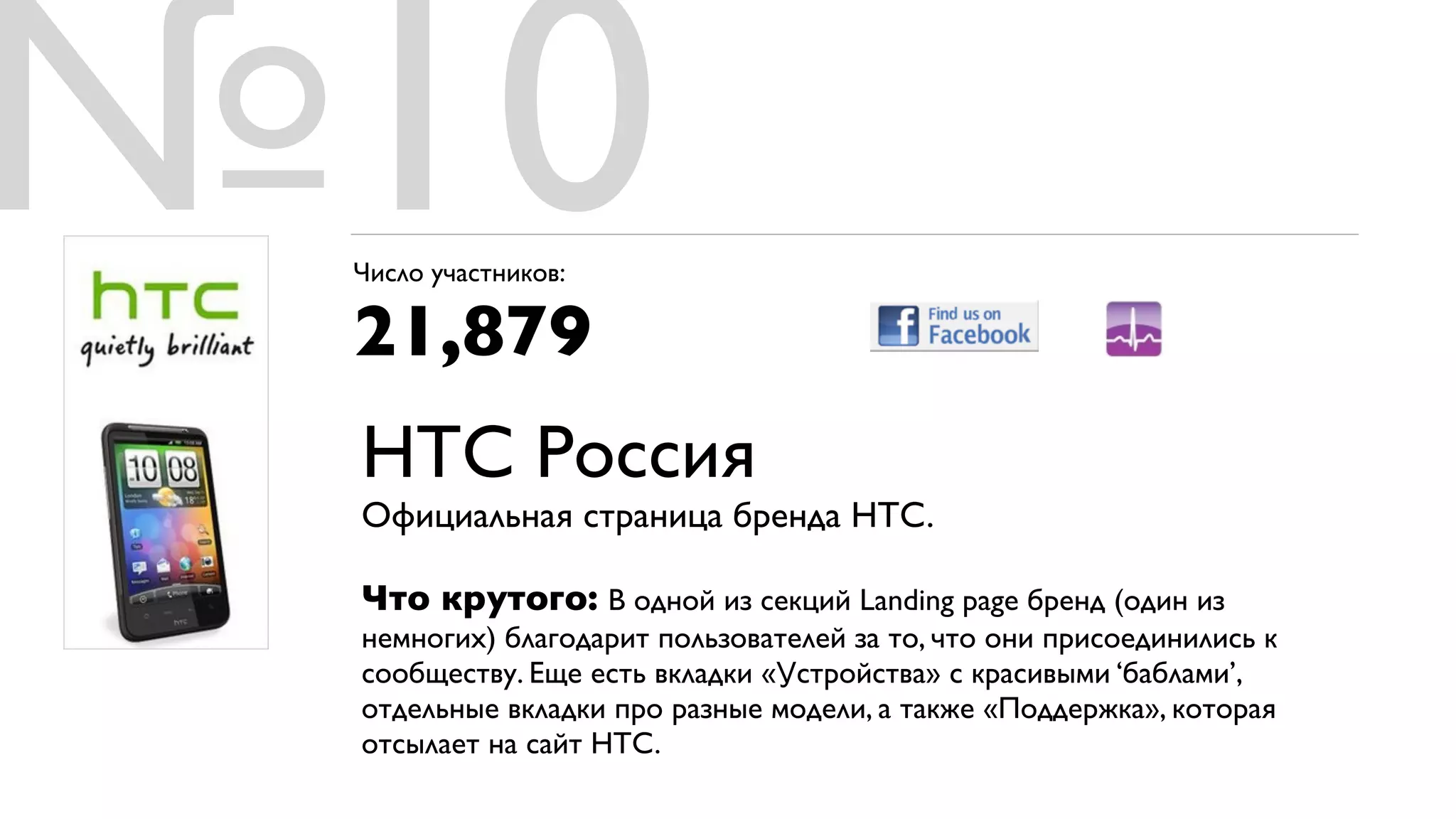№10
 Число участников:

 21,879
 HTC Россия
 Официальная страница бренда HTC.

 Что крутого: В одной из секций Landing page бренд (один из
 немногих) благодарит пользователей за то, что они присоединились к
 сообществу. Еще есть вкладки «Устройства» с красивыми ‘баблами’,
 отдельные вкладки про разные модели, а также «Поддержка», которая
 отсылает на сайт HTC.
 