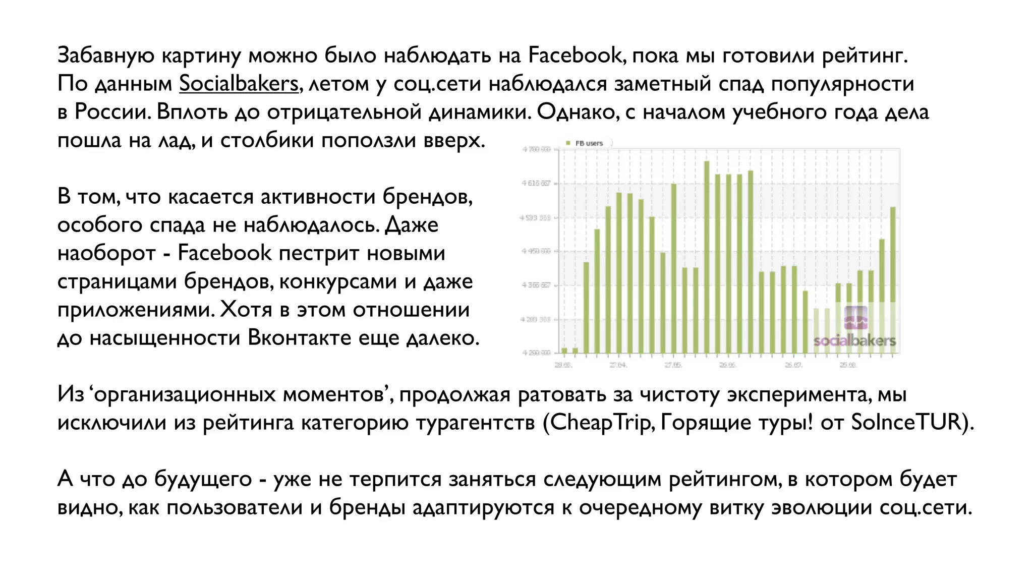 Забавную картину можно было наблюдать на Facebook, пока мы готовили рейтинг.
По данным Socialbakers, летом у соц.сети наблюдался заметный спад популярности
в России. Вплоть до отрицательной динамики. Однако, с началом учебного года дела
пошла на лад, и столбики поползли вверх.

В том, что касается активности брендов,
особого спада не наблюдалось. Даже
наоборот - Facebook пестрит новыми
страницами брендов, конкурсами и даже
приложениями. Хотя в этом отношении
до насыщенности Вконтакте еще далеко.

Из ‘организационных моментов’, продолжая ратовать за чистоту эксперимента, мы
исключили из рейтинга категорию турагентств (CheapTrip, Горящие туры! от SolnceTUR).

А что до будущего - уже не терпится заняться следующим рейтингом, в котором будет
видно, как пользователи и бренды адаптируются к очередному витку эволюции соц.сети.
 
