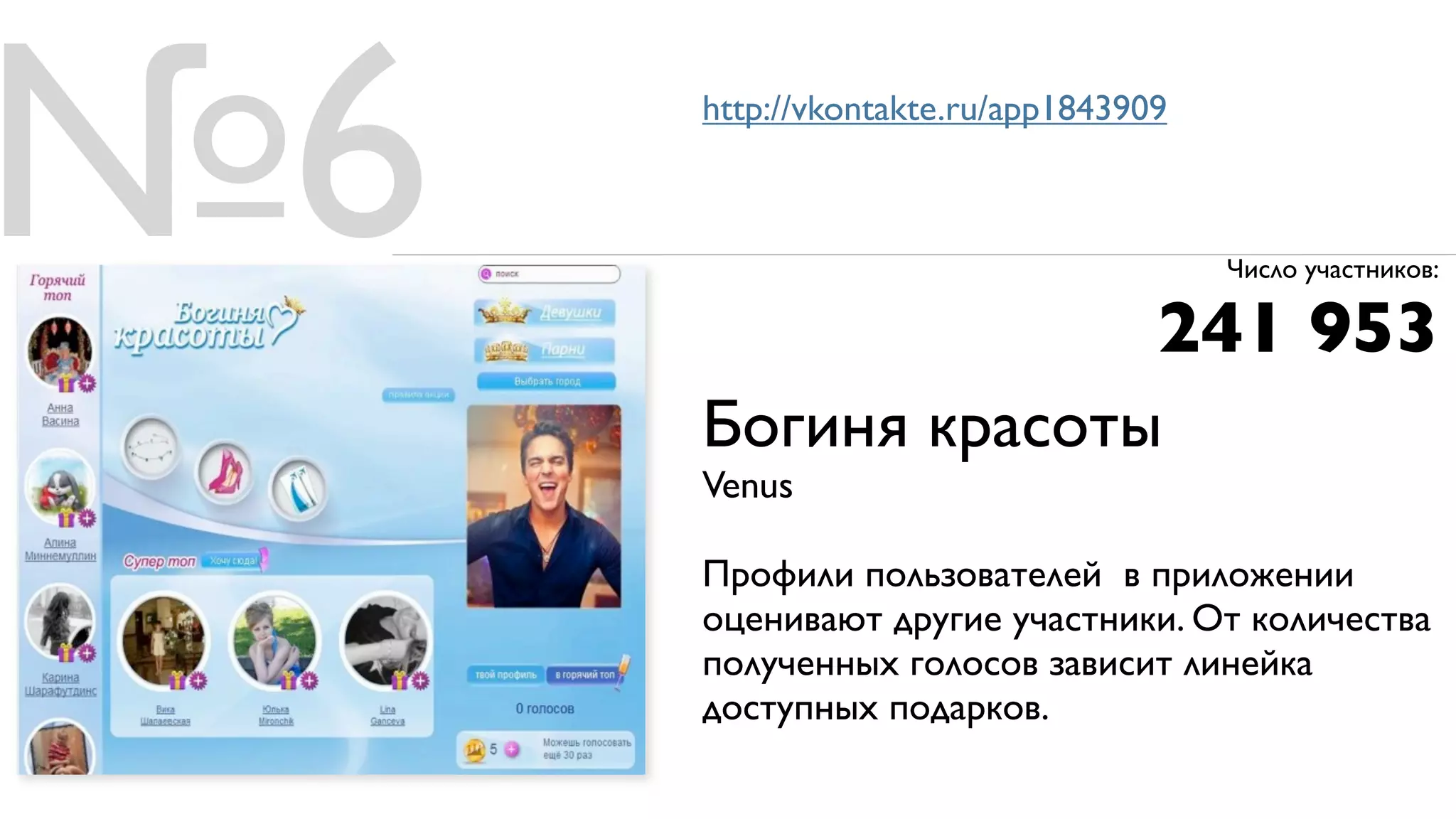 №6   http://vkontakte.ru/app1843909



                                      Число участников:

                                  241 953
     Богиня красоты
     Venus

     Профили пользователей в приложении
     оценивают другие участники. От количества
     полученных голосов зависит линейка
     доступных подарков.
 