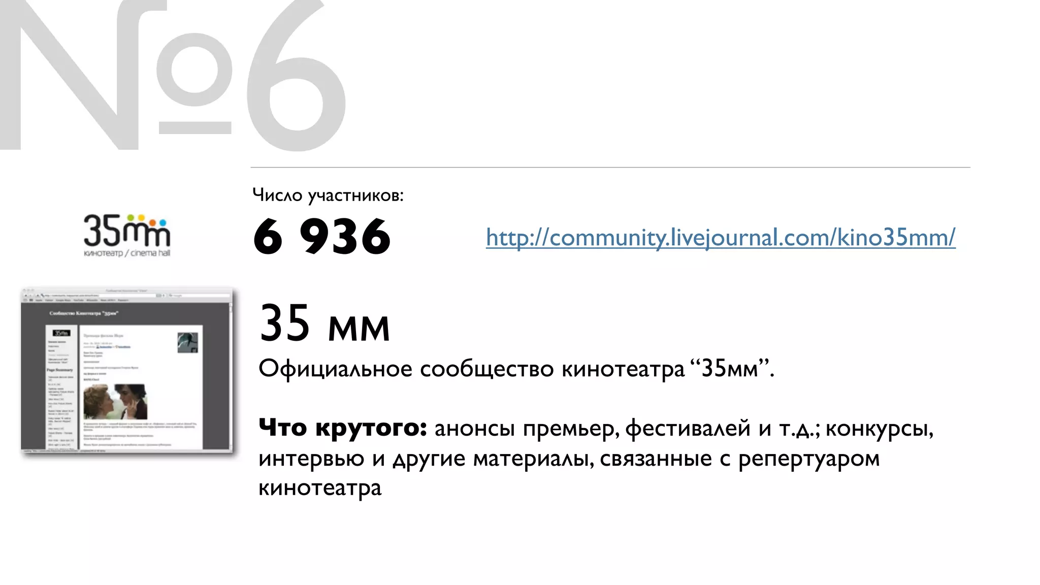 №6
 Число участников:

 6 936               http://community.livejournal.com/kino35mm/


 35 мм
 Официальное сообщество кинотеатра “35мм”.

 Что крутого: анонсы премьер, фестивалей и т.д.; конкурсы,
 интервью и другие материалы, связанные с репертуаром
 кинотеатра
 