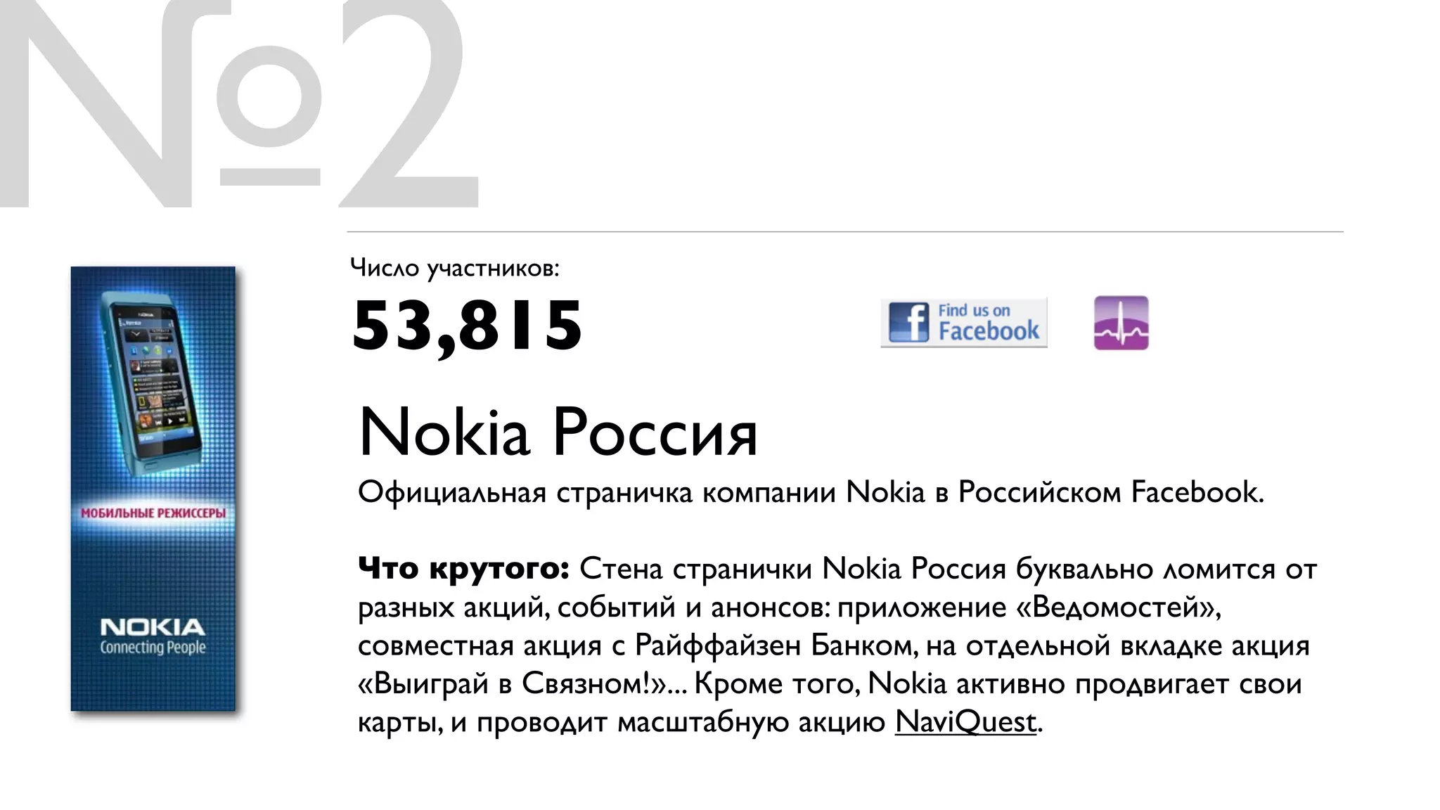 №2
 Число участников:

 53,815
 Nokia Россия
 Официальная страничка компании Nokia в Российском Facebook.

 Что крутого: Стена странички Nokia Россия буквально ломится от
 разных акций, событий и анонсов: приложение «Ведомостей»,
 совместная акция с Райффайзен Банком, на отдельной вкладке акция
 «Выиграй в Связном!»... Кроме того, Nokia активно продвигает свои
 карты, и проводит масштабную акцию NaviQuest.
 