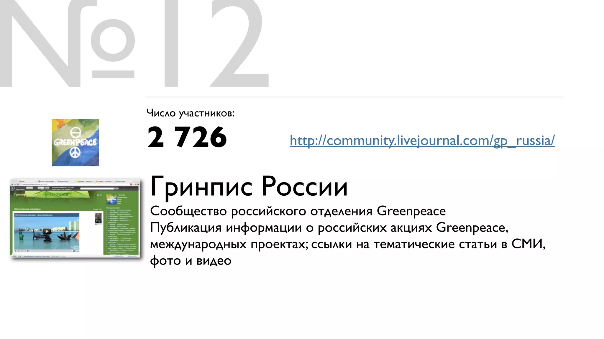 №12
 Число участников:

 2 726                http://community.livejournal.com/gp_russia/


 Гринпис России
 Сообщество российского отделения Greenpeace
 Публикация информации о российских акциях Greenpeace,
 международных проектах; ссылки на тематические статьи в СМИ,
 фото и видео
 