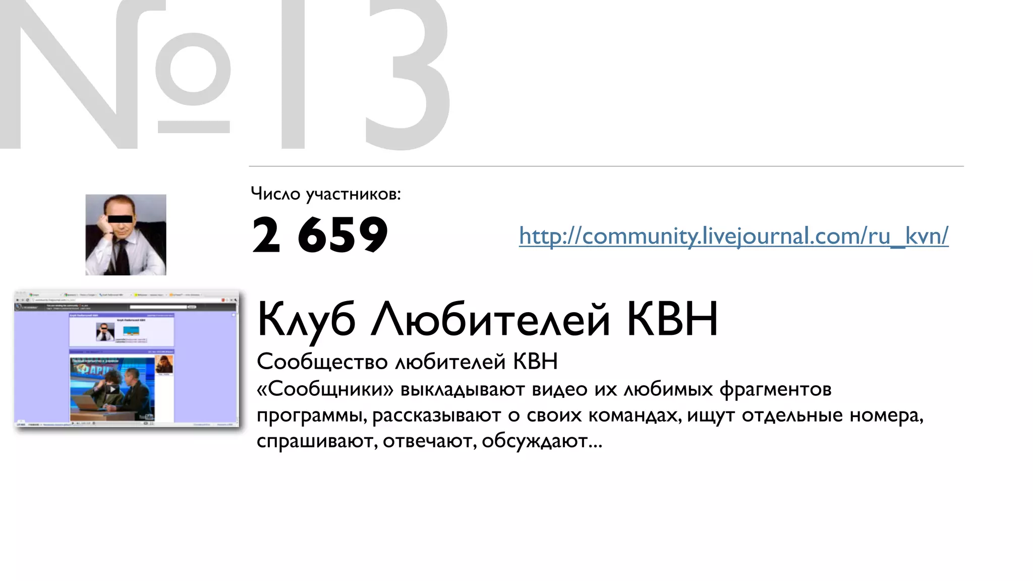 №13
 Число участников:

 2 659                    http://community.livejournal.com/ru_kvn/


 Клуб Любителей КВН
 Сообщество любителей КВН
 «Сообщники» выкладывают видео их любимых фрагментов
 программы, рассказывают о своих командах, ищут отдельные номера,
 спрашивают, отвечают, обсуждают...
 