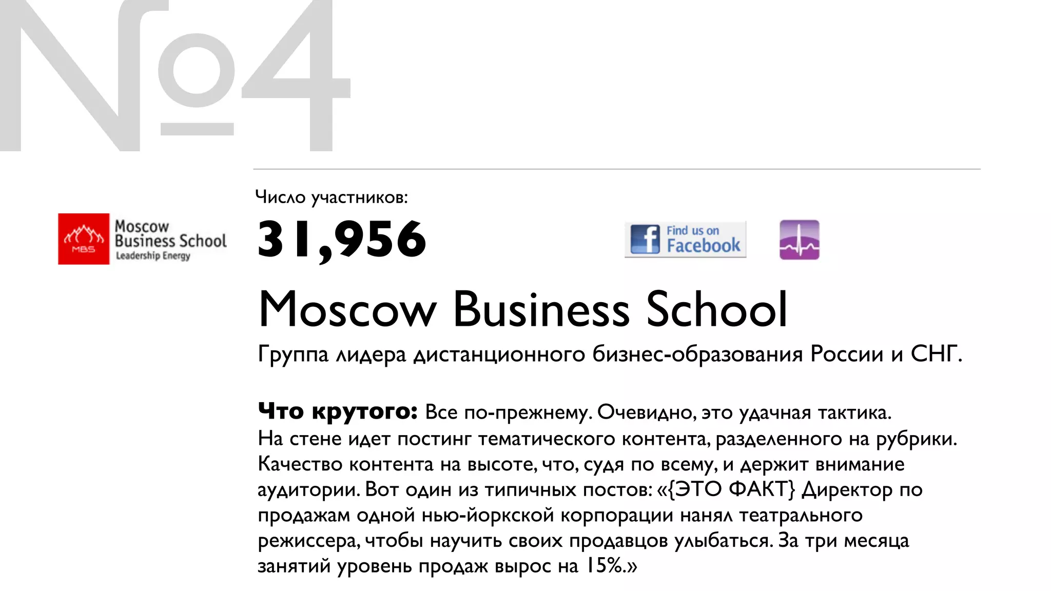 №4
 Число участников:

 31,956
 Moscow Business School
 Группа лидера дистанционного бизнес-образования России и СНГ.

 Что крутого: Все по-прежнему. Очевидно, это удачная тактика.
 На стене идет постинг тематического контента, разделенного на рубрики.
 Качество контента на высоте, что, судя по всему, и держит внимание
 аудитории. Вот один из типичных постов: «{ЭТО ФАКТ} Директор по
 продажам одной нью-йоркской корпорации нанял театрального
 режиссера, чтобы научить своих продавцов улыбаться. За три месяца
 занятий уровень продаж вырос на 15%.»
 