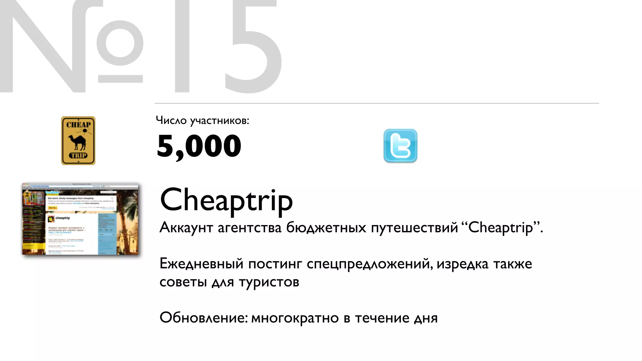 №15
 Число участников:

 5,000
 Cheaptrip
 Аккаунт агентства бюджетных путешествий “Cheaptrip”.

 Ежедневный постинг спецпредложений, изредка также
 советы для туристов

 Обновление: многократно в течение дня
 