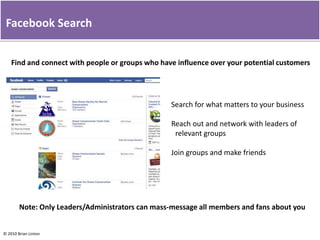    Provide links back to your blog/websiteElements of a Successful Facebook Fan PageCreate a resourceProvide quality content – link back to your blogCreate contests that include participationPeople love free stuff!Target a demographicTarget an active group of peopleLink up to other social media platformsTwitter, blogging, foursquare, myspace, etc…