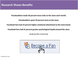 Research Shows BenefitsFacebookfans made 36 percent more visits to the store each month.