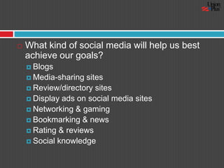 What kind of social media will help us best achieve our goals?BlogsMedia-sharing sitesReview/directory sitesDisplay ads on social media sitesNetworking & gamingBookmarking & newsRating & reviewsSocial knowledge