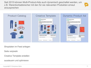 Copyright@2015 Werbeboten Media 11
Seit 2015 können Multi-Product-Ads auch dynamisch geschaltet werden, um
z.B. Warenkorbabbrecher mit den für sie relevanten Produkten erneut
anzusprechen
Shopdaten im Feed anlegen
Seite verpixeln
Creative Template erstellen
aussteuern und optimieren
 