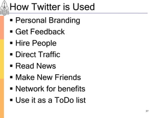 How Twitter is Used
 Personal Branding
 Get Feedback
 Hire People
 Direct Traffic
 Read News
 Make New Friends
 Network for benefits
 Use it as a ToDo list
                          37
 