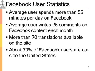 Facebook User Statistics
 Average user spends more than 55
  minutes per day on Facebook
 Average user writes 25 comments on
  Facebook content each month
 More than 70 translations available
  on the site
 About 70% of Facebook users are out
  side the United States

                                    6
 