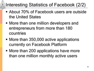 Interesting Statistics of Facebook (2/2)
 About 70% of Facebook users are outside
  the United States
 More than one million developers and
  entrepreneurs from more than 180
  countries
 More than 350,000 active applications
  currently on Facebook Platform
 More than 200 applications have more
  than one million monthly active users

                                            8
 