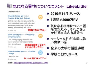 気になる異性についてコメント LikeaLittle
                                                   年 月リリース
                                               2010年11月リリース
                                                週間で2000万PV
                                                週間で
                                               6週間で    万
                                               気になる相手について匿
                      可愛い子がいてね…                名でコメント、それがきっ
                                               かけで出会える場合も
                                               ソーシャル性が非常に強
                                               い出会い系
                   図書館が閉まってたら
                   いいなと思ってた…
                                               全米の大学で話題沸騰
                                               学校ごとにリリース
                 ちょっと気になってて…

出典： http://gendai.ismedia.jp/articles/-/1900                  17
 