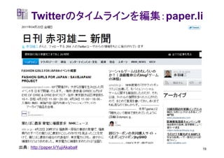 のタイムラインを編集：paper.li
             のタイムラインを編集：
      Twitterのタイムラインを編集：
    x




出典： http://paper.li/YujiAkaba#   19
 