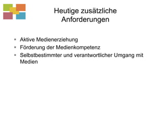Heutige zusätzliche Anforderungen Aktive MedienerziehungFörderung der MedienkompetenzSelbstbestimmter und verantwortlicher Umgang mit Medien