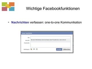 Wichtige FacebookfunktionenDas ProfilProfile nur für Personen anlegenFür Schulzwecke:Seiten oder Gruppenverwenden!