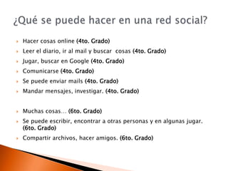 Hacer cosas online (4to. Grado)Leer el diario, ir al mail y buscar  cosas (4to. Grado)Jugar, buscar en Google (4to. Grado)Comunicarse (4to. Grado)Se puede enviar mails (4to. Grado)Mandar mensajes, investigar. (4to. Grado)Muchas cosas… (6to. Grado)Se puede escribir, encontrar a otras personas y en algunas jugar. (6to. Grado)Compartir archivos, hacer amigos. (6to. Grado)¿Qué se puede hacer en una red social?