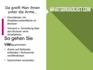Da greift Man ihnen
unter die Arme…
• Dienstleister mit
Redakteursoberfläche im
Browser
• Versand u. Verwaltung über
den Browser ohne
Smartphone
So gehen Sie
vor…• Konto einrichten
• iframe auf Webseite
einbinden / Rufnummer
veröffentlichen
• Nachrichten versenden
 