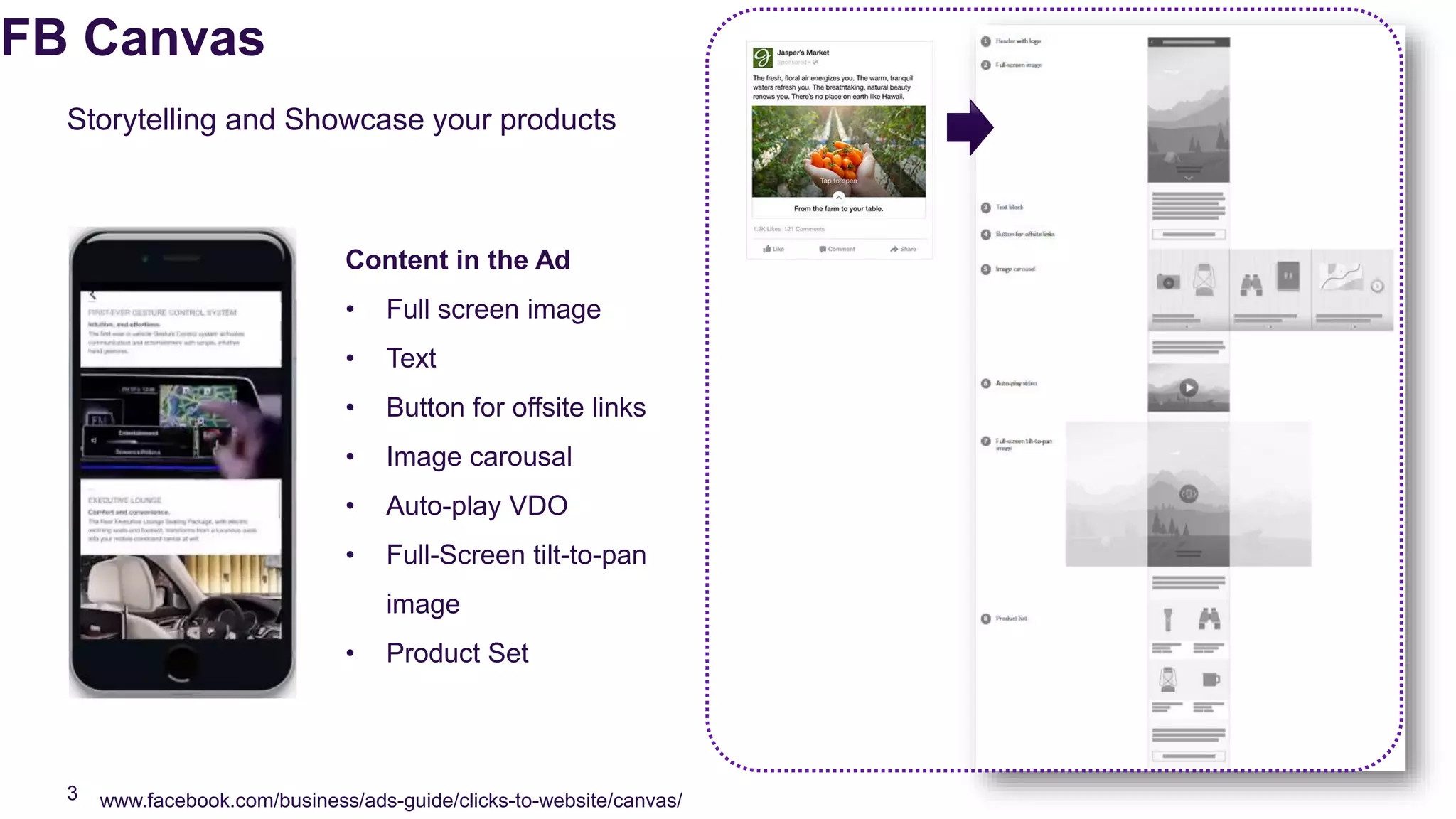 FB Canvas
www.facebook.com/business/ads-guide/clicks-to-website/canvas/3
Storytelling and Showcase your products
Content in the Ad
• Full screen image
• Text
• Button for offsite links
• Image carousal
• Auto-play VDO
• Full-Screen tilt-to-pan
image
• Product Set
 
