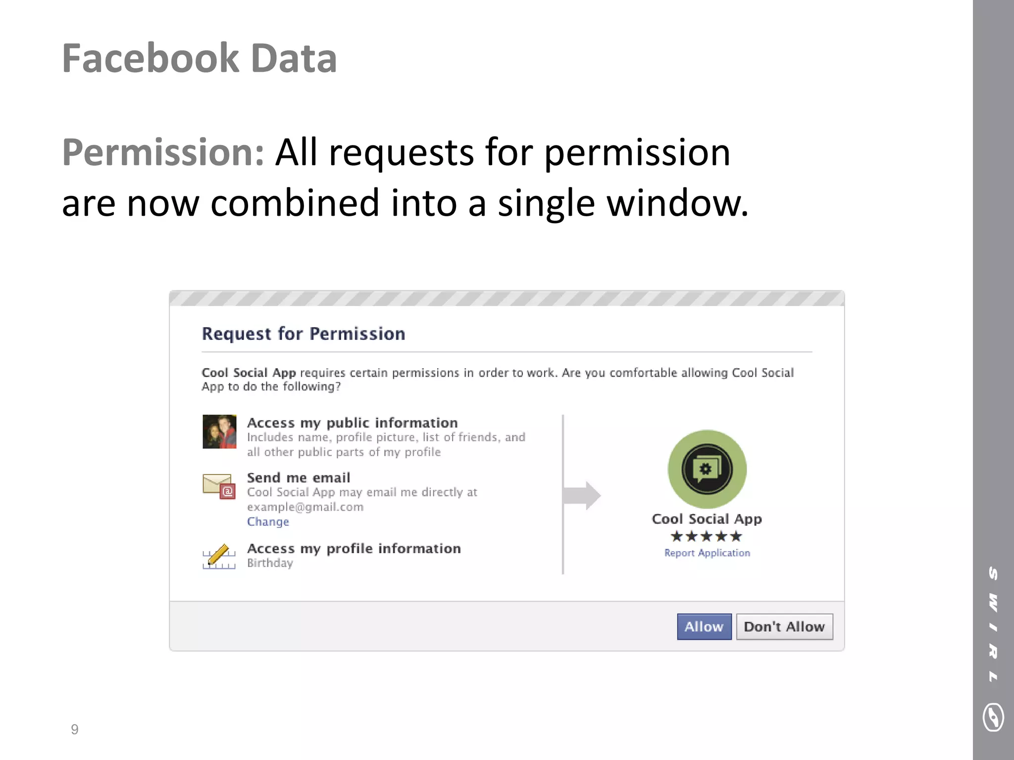 Facebook Data

Permission: All requests for permission
are now combined into a single window.




9
 