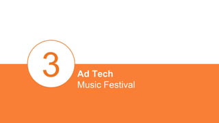 Topic data identified audiences that were more and less
likely to engage with content and help target promotion:
๏ Identified that Women 25-34 from Kentucky, Indiana,
Michigan & other states over-indexed in music genre
engagement.
๏ Identified that Men 18-24 from California under-indexed in
the music genre engagement.
๏ Identified a range of related interests, websites, retailers
and broadcasters that could be used for targeting.
Recommended Actions
๏ Diverted spend from under-indexing to over-indexing demographic groups improving engagement rates and driving a 17%
increase in video completion rates.
๏ Identified artists and potential co-marketing partners to inform future campaigns and tailor content.
CALIFORNIA
18-24
KENTUCKY
35-44
AVERAGE ENGAGEMENT
Ad Tech Music Festival
 