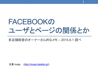 FACEBOOKの
ユーザとページの関係とか
多店舗経営のオーナーさん的なメモ – 2015.8.1 調べ
文責 incep (http://incep.hateblo.jp/)
1
 