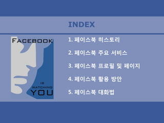 INDEX
1. 페이스북 히스토리

2. 페이스북 주요 서비스

3. 페이스북 프로필 및 페이지

4. 페이스북 활용 방안

5. 페이스북 대화법
 