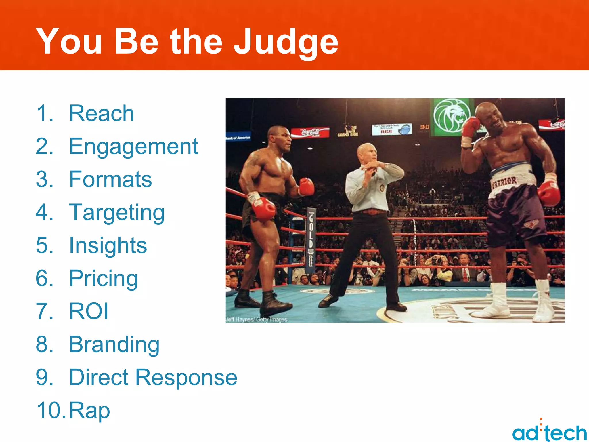 You Be the Judge
1. Reach
2. Engagement
3. Formats
4. Targeting
5. Insights
6. Pricing
7. ROI
8. Branding
9. Direct Response
10.Rap
 