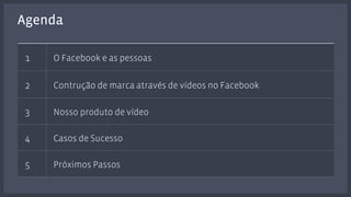 Agenda 
1 O Facebook e as pessoas 
2 Contrução de marca através de vídeos no Facebook 
3 Nosso produto de vídeo 
4 Casos de Sucesso 
5 Próximos Passos 
 