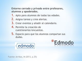 *
Entorno cerrado y privado entre profesores,
alumnos y apoderados.
1. Apto para alumnos de todas las edades.
2. Asigna tareas y crea alertas.
3. Crear eventos y añadir al calendario.
4. Permite la creación de
cuestionarios/encuestas.
5. Espacio para que los alumnos compartan sus
dudas.
 