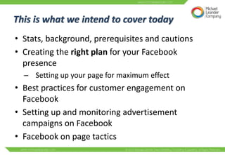 This is what we intend to cover today
• Stats, background, prerequisites and cautions
• Creating the right plan for your Facebook
  presence
  – Setting up your page for maximum effect
• Best practices for customer engagement on
  Facebook
• Setting up and monitoring advertisement
  campaigns on Facebook
• Facebook on page tactics
 