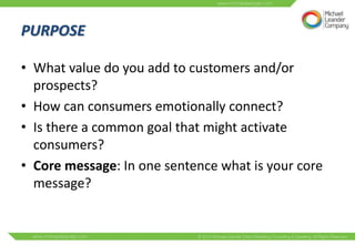 PURPOSE

• What value do you add to customers and/or
  prospects?
• How can consumers emotionally connect?
• Is there a common goal that might activate
  consumers?
• Core message: In one sentence what is your core
  message?
 