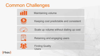 Common Challenges 
Maintaining volume 
Keeping cost predictable and consistent 
Scale up volume without dialing up cost 
Retaining and engaging users 
Finding Quality 
Users 
 