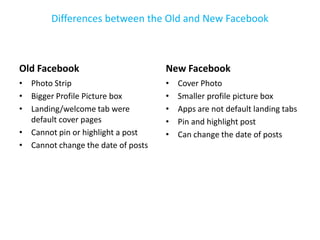 Differences between the Old and New Facebook



Old Facebook                        New Facebook
• Photo Strip                       •   Cover Photo
• Bigger Profile Picture box        •   Smaller profile picture box
• Landing/welcome tab were          •   Apps are not default landing tabs
  default cover pages               •   Pin and highlight post
• Cannot pin or highlight a post    •   Can change the date of posts
• Cannot change the date of posts
 