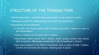 STRUCTURE OF THE TRANSACTION
• Mixed acquisition – consideration partly paid in cash, partly in stocks.
• Whatsapp would run independently even after the acquisition.
• Breakdown of consideration
183,865,778 shares (worth USD 9 billion) and USD 4 billion in cash to
the shareholders
Class A shares worth value USD 12 billion.
Restricted shares worth USD 3 billion, which would convert into shares
after 6 months. (Whatsapp would hold 7.9% of Facebook’s shares)
Jan Koum placed in the BOD of Facebook, with a salary of USD 1 billion,
in form of restricted unit shares. (Vesting over 4 years)
 