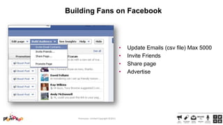 Building Fans on Facebook

•
•
•
•

Promozoo Limited Copyright ©2013

Update Emails (csv file) Max 5000
Invite Friends
Share page
Advertise

 