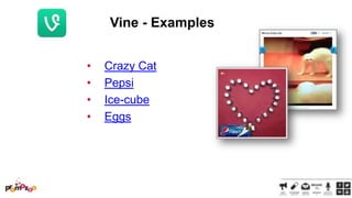 Vine - Examples
•
•
•
•

Crazy Cat
Pepsi
Ice-cube
Eggs

 