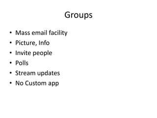 GroupsMass email facilityPicture, InfoInvite peoplePollsStream updatesNo Custom app