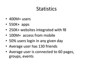 Statistics400M+ users550K+  apps250K+ websites integrated with f8100M+  access from mobile50% users login in any given dayAverage user has 130 friendsAverage user is connected to 60 pages, groups, events