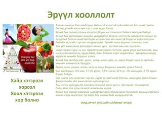 Аливаа амьтны бие махбодид зайлшгүй хэрэгтэй зүйлсийн нэг бол шим тэжээл
бөгөөд үүнийг хоол хүнсээр л олж авдаг билээ.
Хүний бие гадаад орчны хооронд бодисын солилцоо байнга явагдаж байдаг.
Хүний бие дотооддоо химийн үйлдвэрлэл явуулж нэгтгэх ба задлах үйл явцын үр
дүнд бий болсон ашигтай бодисыг шингээн авч ашиггүй бодисыг гадагшлуулан
биеийн эд эсийг сэргээн залуужуулдаг. Үүнийг шинэ хуучны солилцоо гэнэ.
Энэ үйл ажиллагаа доголдвол өвчин үүсч, зогсвол амь нас эцэслэнэ.
Шим тэжээл гэдэг нь хүн төрөлхтөний оршин тогтнох, удам угсаа залгамжлах, амь
насаа үргэлжлүүлэх, эрүүл байх, өсөн бойжих зэрэг хөдөлгөөнт хувирлын явцад
хэрэглэх химийн бодисыг хэлнэ.
Хүний бие махбод өөх, уураг, чихэр, амин дэм, ус, эрдэс бодис зэрэг 6 зүйлийн
химийн элементээс бүрддэг .
Төрөх, өсөх, үржих, өтлөх, үхэх нь амьд бодисын химийн урвал билээ.
Бие махбодын 15% өөх, 17,5% уураг, 0,8% чихэр, 61% ус, 1% аминдэм, 4,7% эрдэс
бодис байдаг.
Өөх чихэр илч энергийг гаргаж, уураг эд эрхтэнийг бүтээж, амин дэм эрдэс бодис
физиологийн үйл ажиллагааг идэвхжүүлнэ.
Аль нэг нь дутагдах ба илүүдэх нөхцөлд эмгэг үүснэ. Эдгээрийг тэнцвэртэй
байлгавал сая эрүүл мэндээ хамгаалж чадна.
Хүний бие өөхийг хадгалах чадвартай харин бусад шим тэжээлийг харьцангуй бага
хэмжээгээр хадгалдаг тул өдөр бүр нөхөж байх шаардлагатай.
ТАНД ЭРҮҮЛ ЭНХ,САЙН САЙХНЫГ ХҮСЬЕ!
Эрүүл хооллолт
Хайр хэтэрвэл
хорсол
Хоол хэтэрвэл
хор болно
 