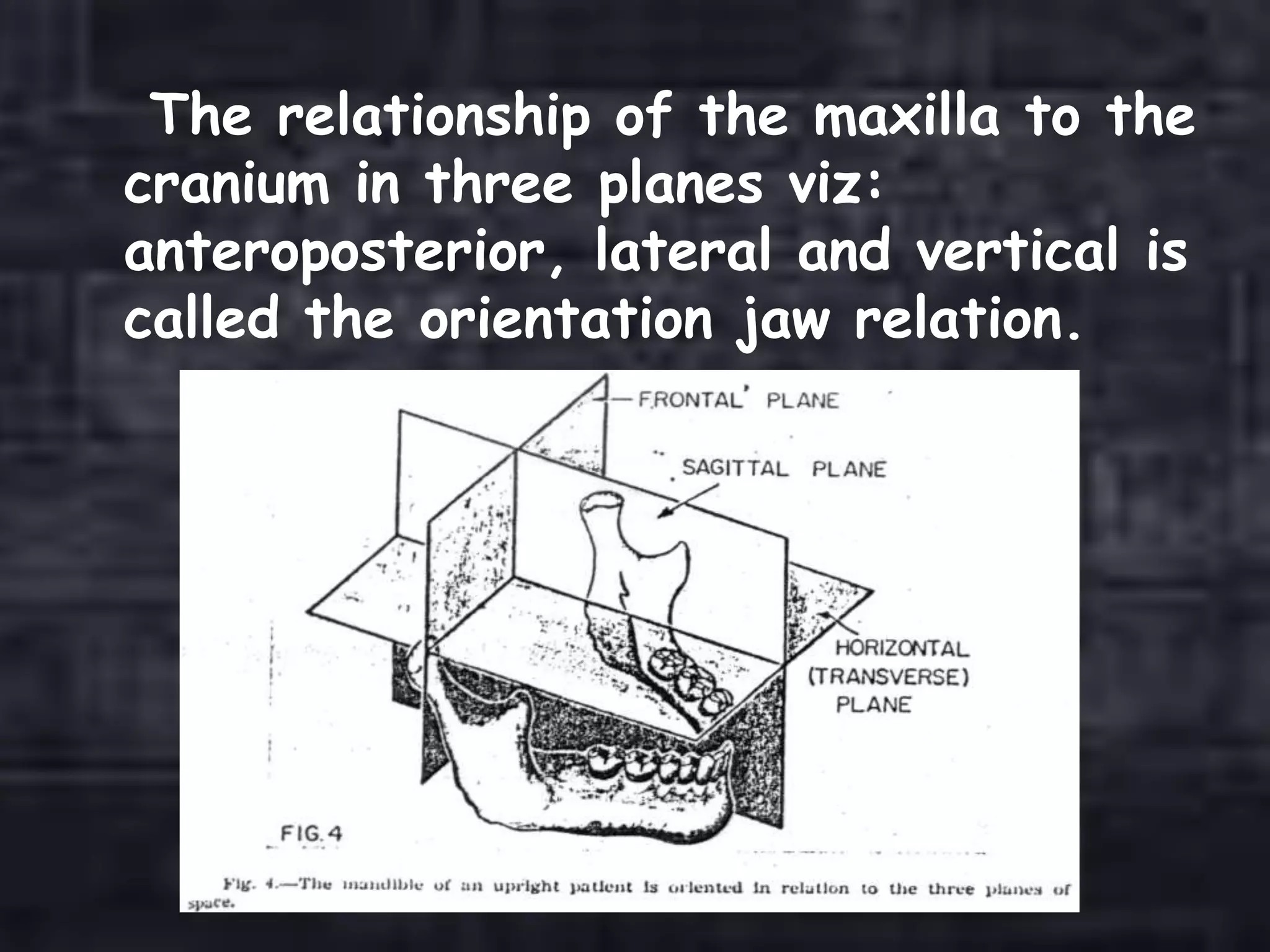 The relationship of the maxilla to the
cranium in three planes viz:
anteroposterior, lateral and vertical is
called the orientation jaw relation.
 