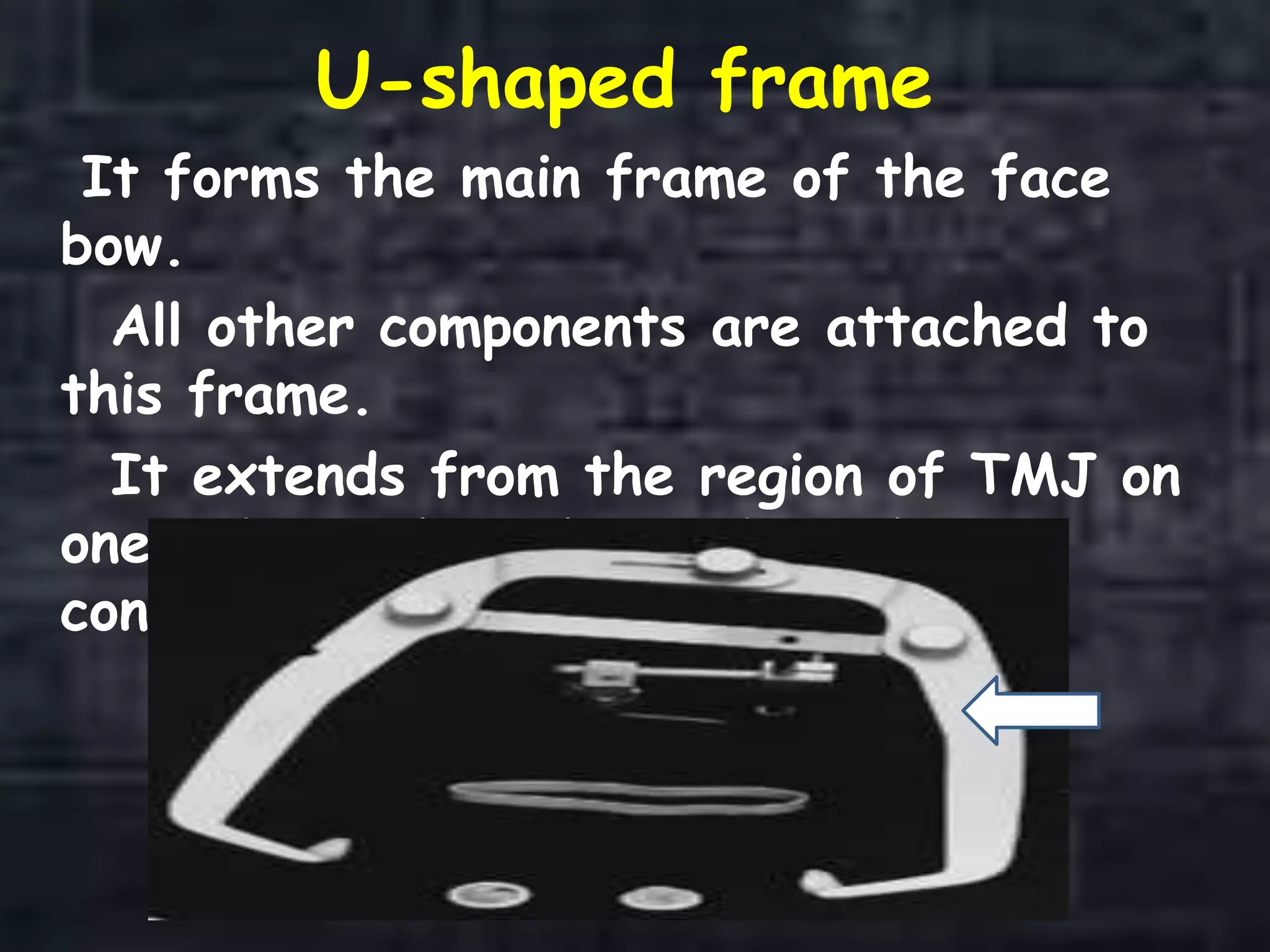 U-shaped frame
It forms the main frame of the face
bow.
All other components are attached to
this frame.
It extends from the region of TMJ on
one side to the other side without
contacting the face.
 