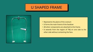 • Represents the plane of the cranium
• It forms the main frame of the facebow
• All other components are attached to this frame.
• It extends from the region of TMJ on one side to the
other side without contacting the face.
U SHAPED FRAME
 