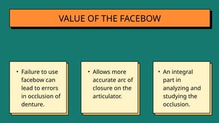 VALUE OF THE FACEBOW
• Failure to use
facebow can
lead to errors
in occlusion of
denture.
• Allows more
accurate arc of
closure on the
articulator.
• An integral
part in
analyzing and
studying the
occlusion.
 